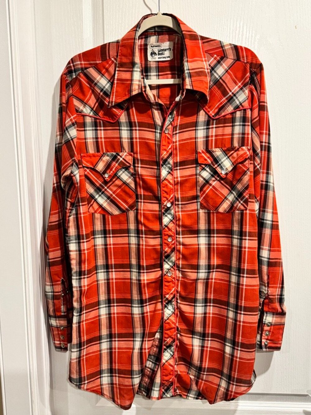 Vintage 70s MWG Westerns Best Pearl Snap Shirt Plaid - Extra Long Tails - Lrg